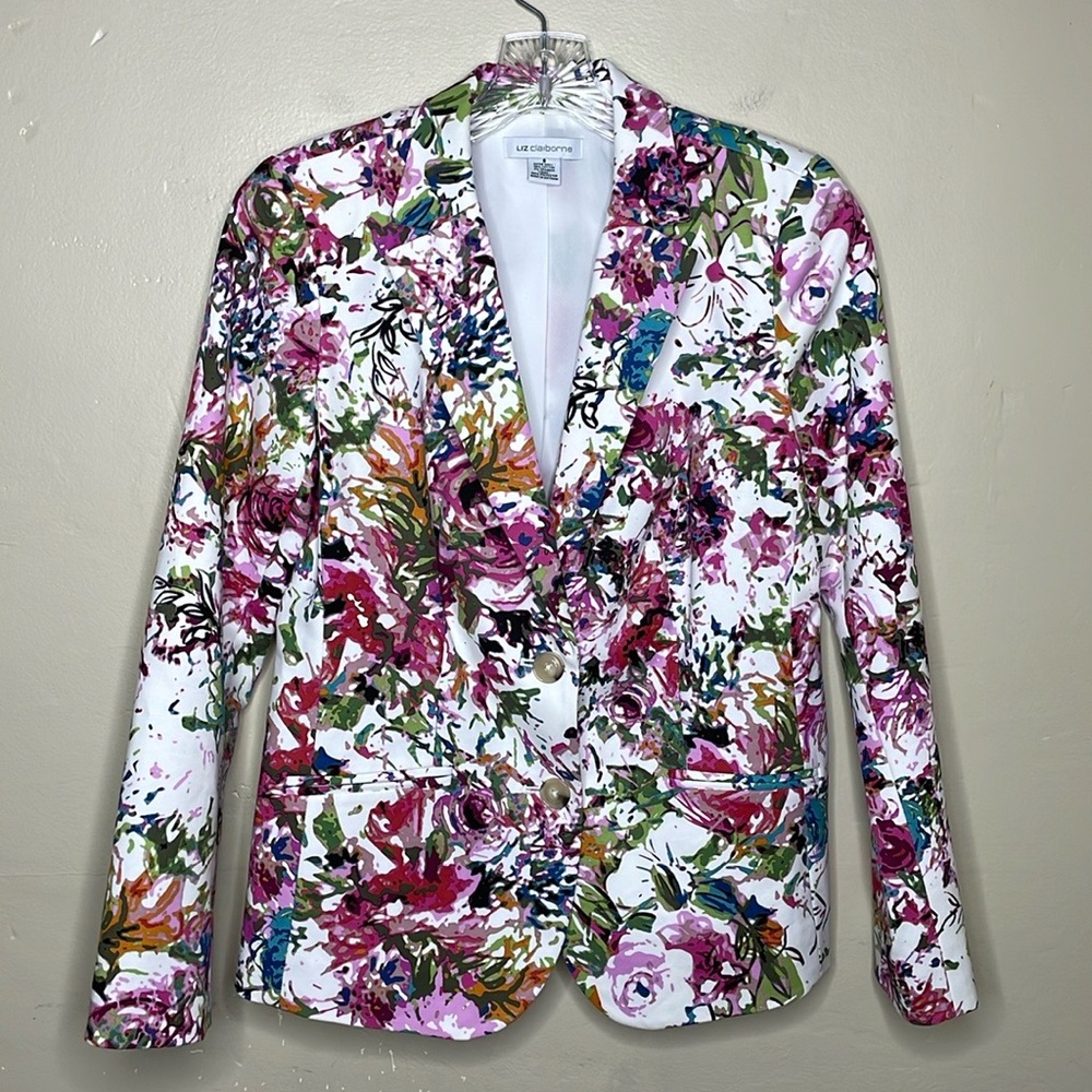 LIZ CLAIBORNE Blazer Abstract Floral Multicolor Single Breasted Cheerful 6 - Picture 2 of 13